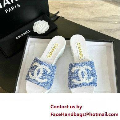 Chanel Tweed  &  Patent Calfskin Mules G45555 Blue 2024